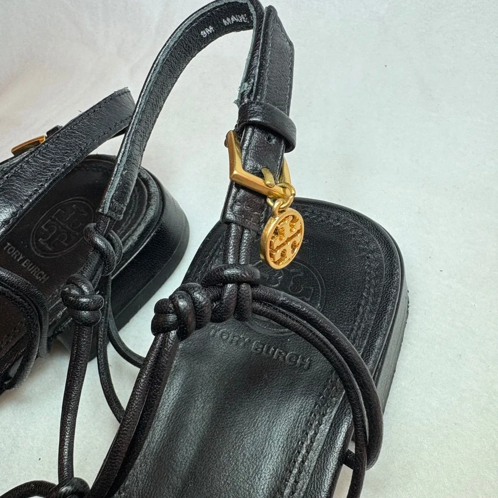 Tory Burch Barely There Knotted Sandals Gold Logo Charm Size 9